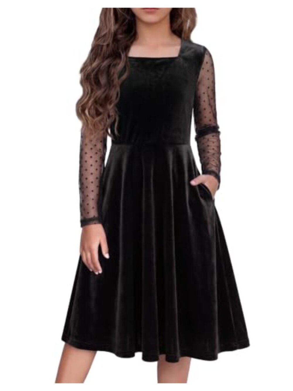 Girls Velvet A-Line Dress Mesh Sleeve Formal Holiday